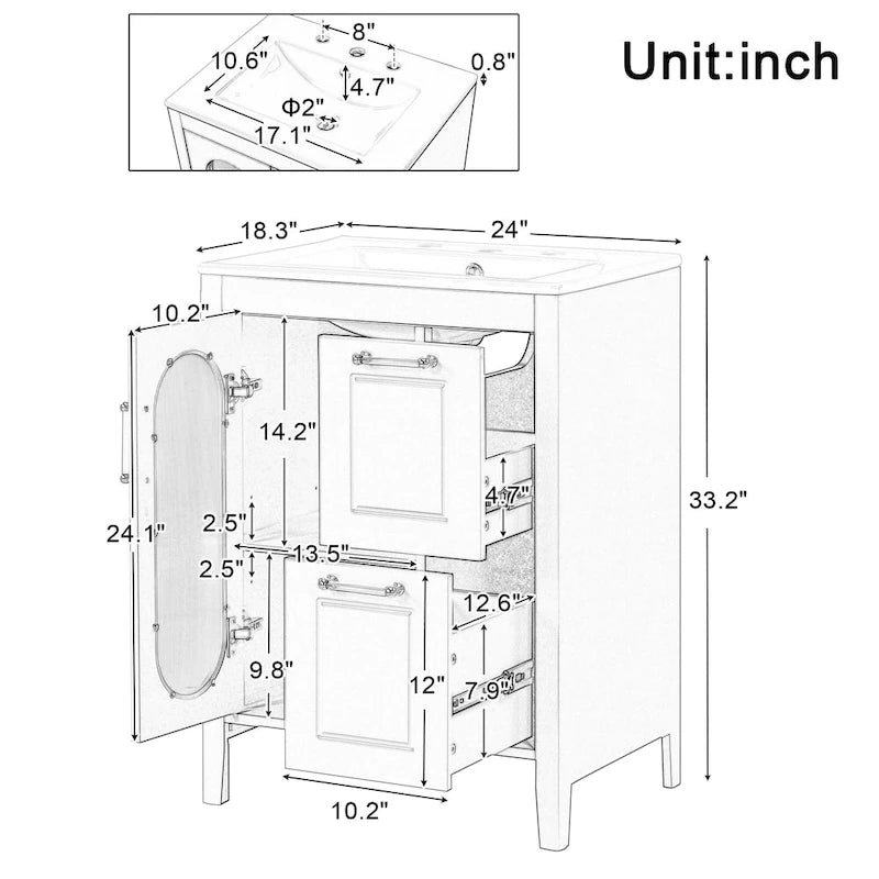 Meuble-lavabo de salle de bain avec vasque en céramique, deux tiroirs et porte de rangement
