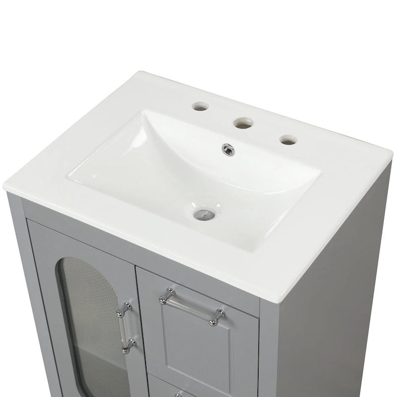 Meuble-lavabo de salle de bain avec vasque en céramique, deux tiroirs et porte de rangement