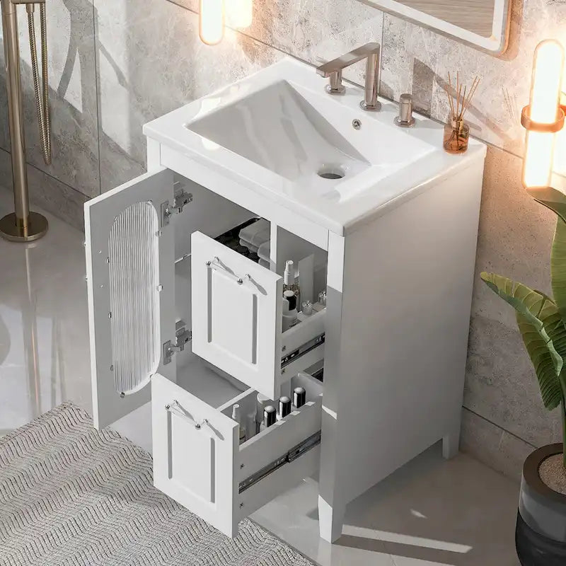 Meuble-lavabo de salle de bain avec vasque en céramique, deux tiroirs et porte de rangement