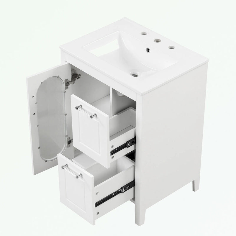 Meuble-lavabo de salle de bain avec vasque en céramique, deux tiroirs et porte de rangement