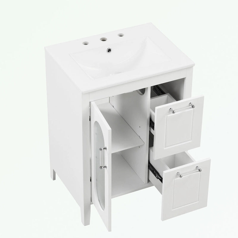 Meuble-lavabo de salle de bain avec vasque en céramique, deux tiroirs et porte de rangement