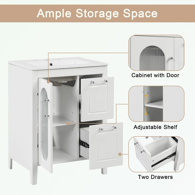 Meuble-lavabo de salle de bain avec vasque en céramique, deux tiroirs et porte de rangement
