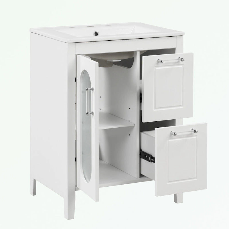 Meuble-lavabo de salle de bain avec vasque en céramique, deux tiroirs et porte de rangement
