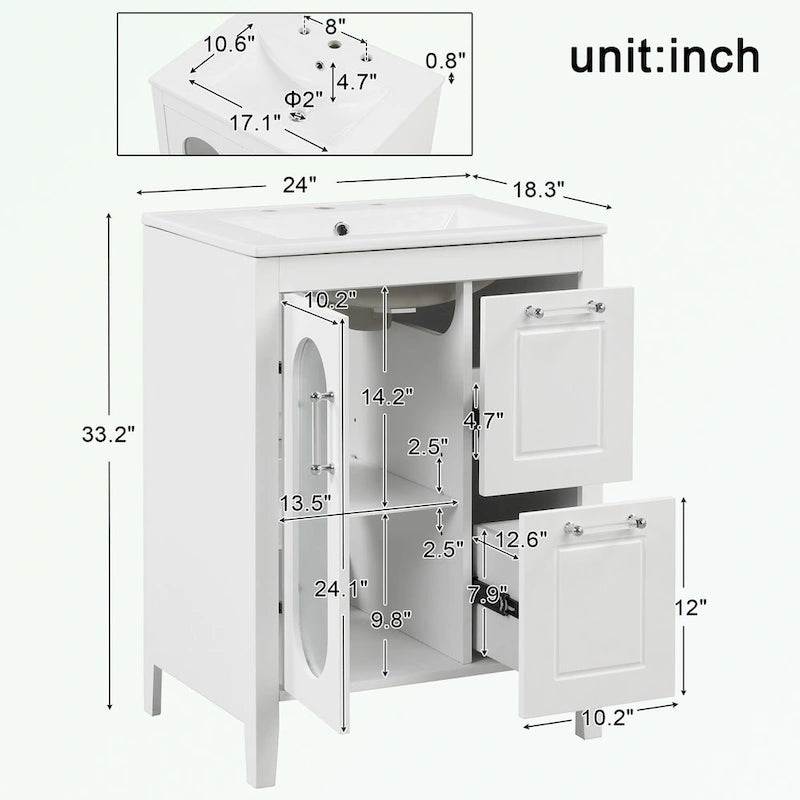 Meuble-lavabo de salle de bain avec vasque en céramique, deux tiroirs et porte de rangement