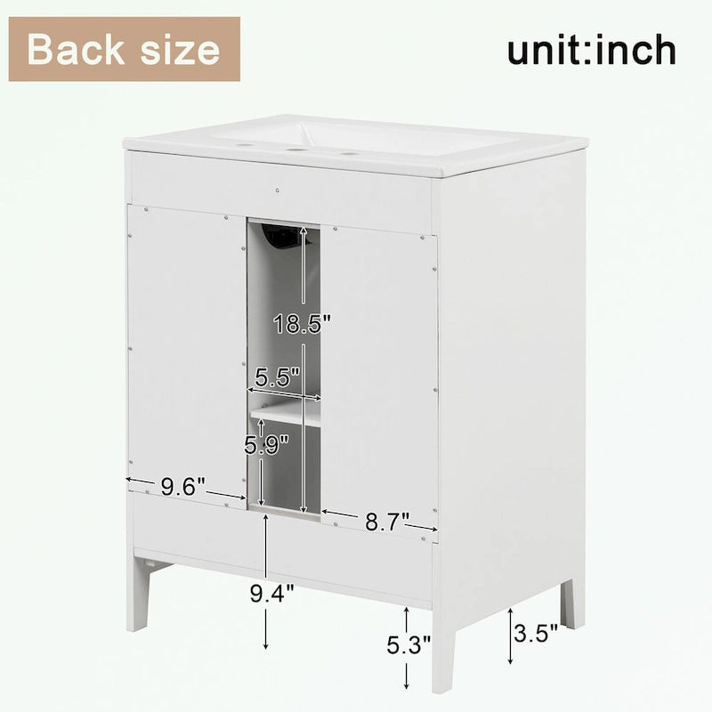 Meuble-lavabo de salle de bain avec vasque en céramique, deux tiroirs et porte de rangement