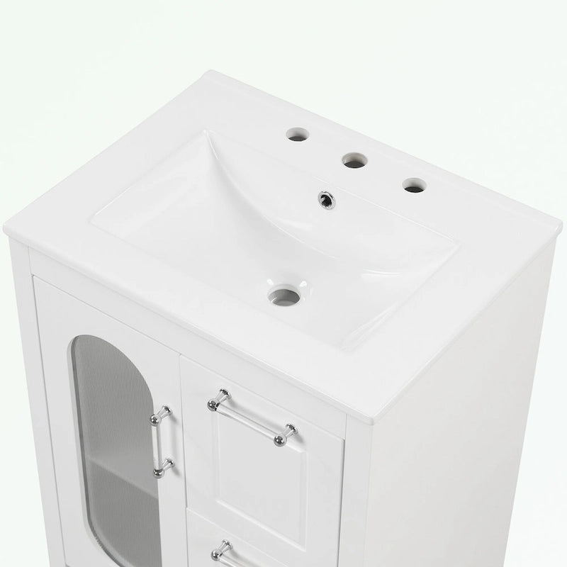 Meuble-lavabo de salle de bain avec vasque en céramique, deux tiroirs et porte de rangement