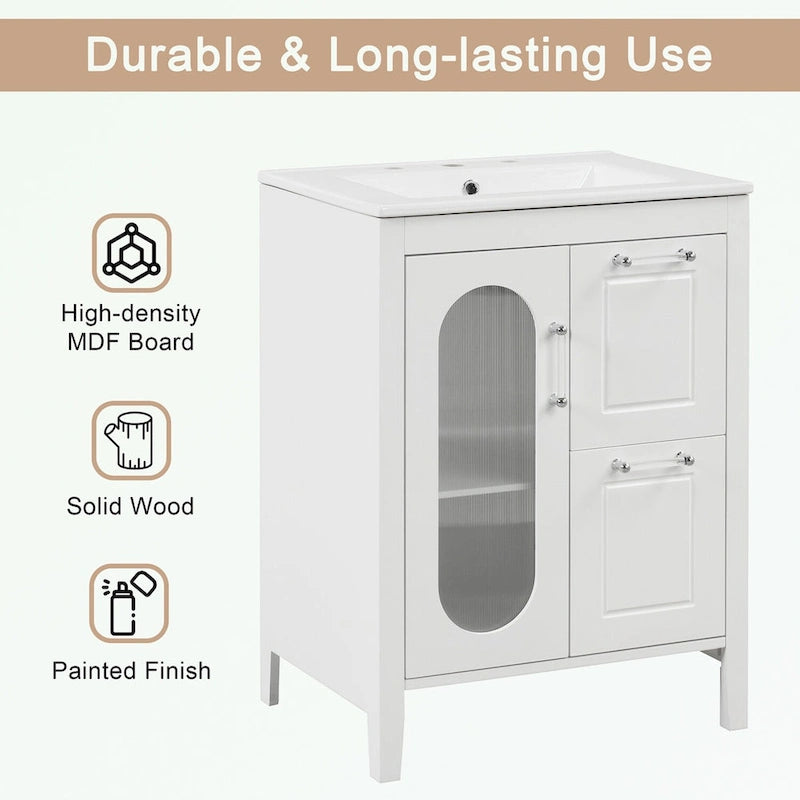 Meuble-lavabo de salle de bain avec vasque en céramique, deux tiroirs et porte de rangement