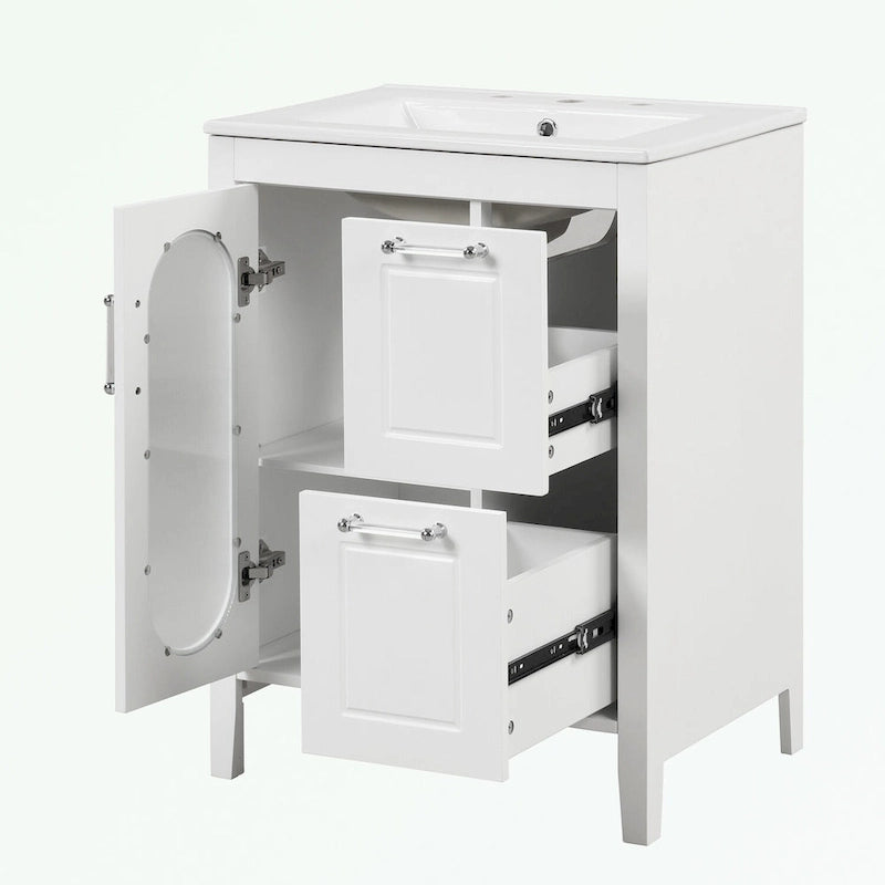 Meuble-lavabo de salle de bain avec vasque en céramique, deux tiroirs et porte de rangement