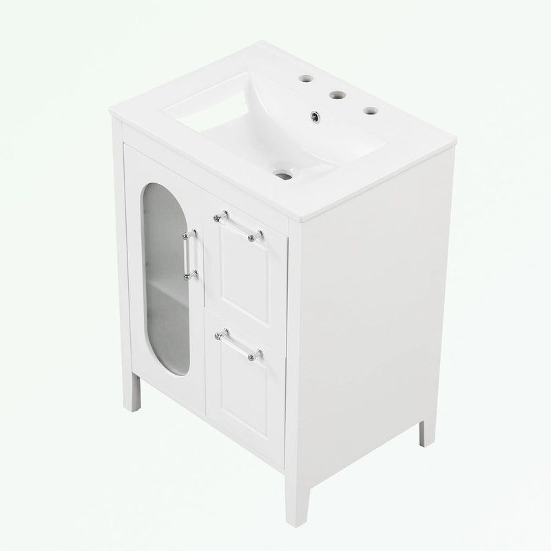 Meuble-lavabo de salle de bain avec vasque en céramique, deux tiroirs et porte de rangement