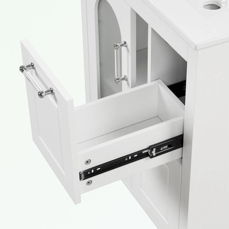 Meuble-lavabo de salle de bain avec vasque en céramique, deux tiroirs et porte de rangement