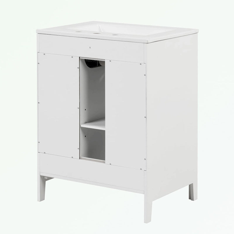 Meuble-lavabo de salle de bain avec vasque en céramique, deux tiroirs et porte de rangement