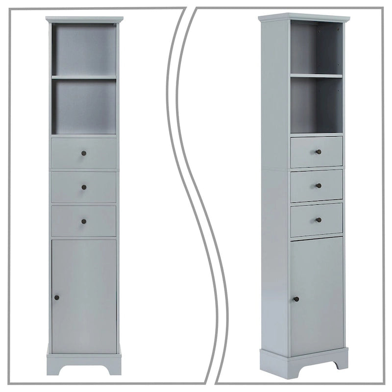 Meuble de rangement haut et étroit pour salle de bain avec une étagère ouverte, trois tiroirs et un placard