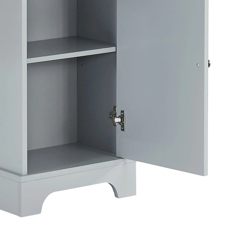 Meuble de rangement haut et étroit pour salle de bain avec une étagère ouverte, trois tiroirs et un placard