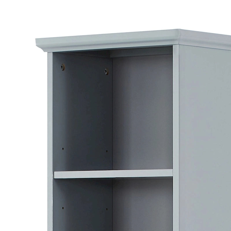 Meuble de rangement haut et étroit pour salle de bain avec une étagère ouverte, trois tiroirs et un placard