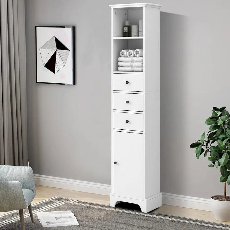 Meuble de rangement haut et étroit pour salle de bain avec une étagère ouverte, trois tiroirs et un placard