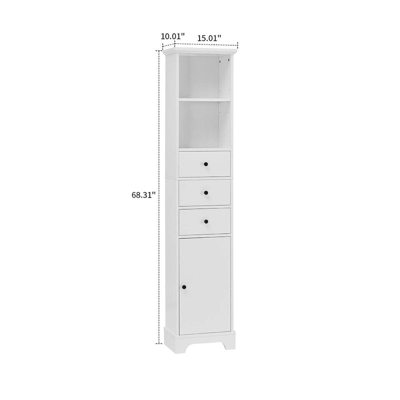 Meuble de rangement haut et étroit pour salle de bain avec une étagère ouverte, trois tiroirs et un placard