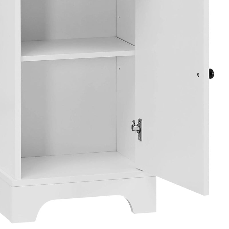 Meuble de rangement haut et étroit pour salle de bain avec une étagère ouverte, trois tiroirs et un placard