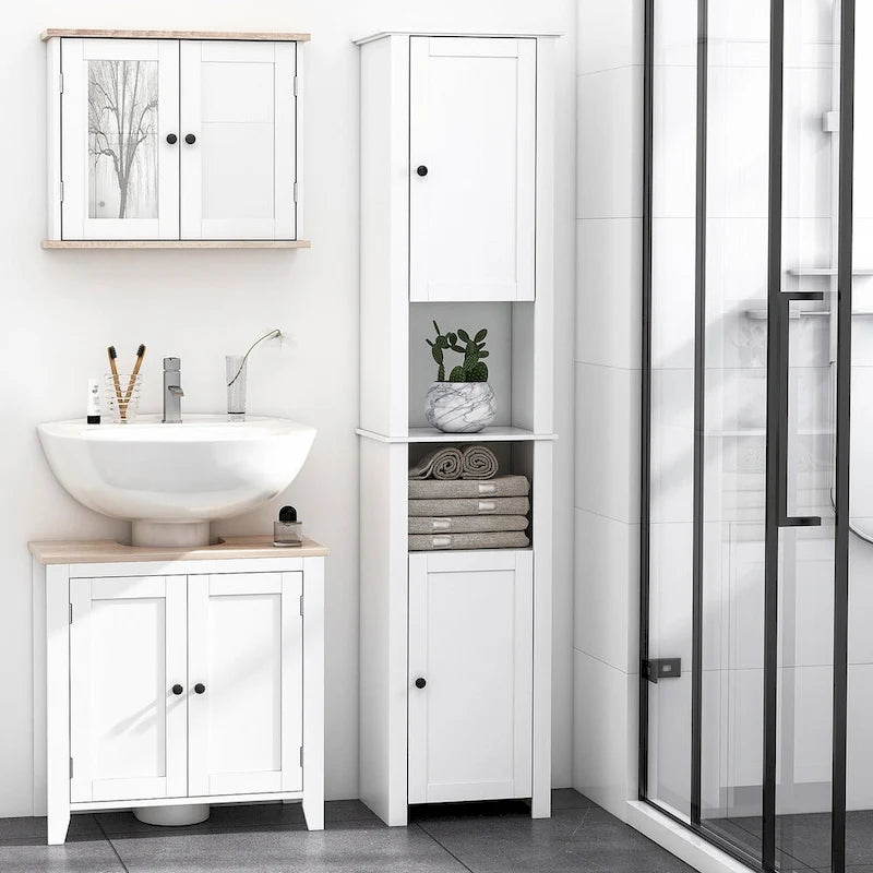 Colonne de rangement pour salle de bain avec étagère réglable et placards