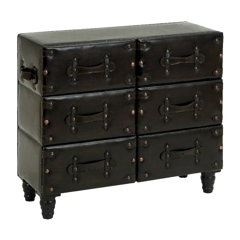 Commode de chambre vintage en bois et similicuir avec rivets et sangles