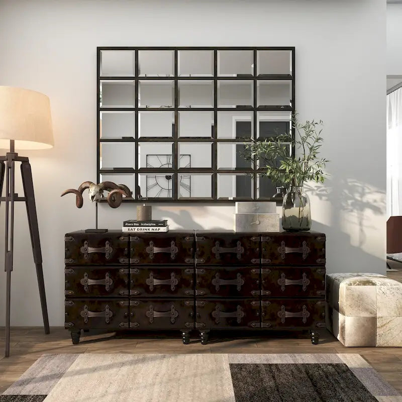 Commode de chambre vintage en bois et similicuir avec rivets et sangles