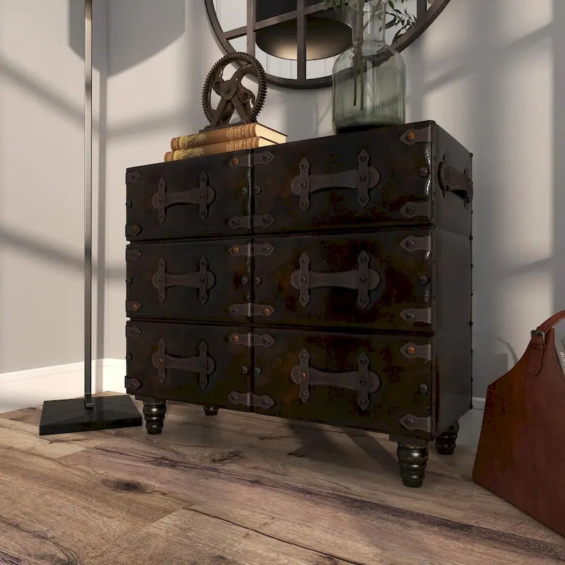 Commode de chambre vintage en bois et similicuir avec rivets et sangles