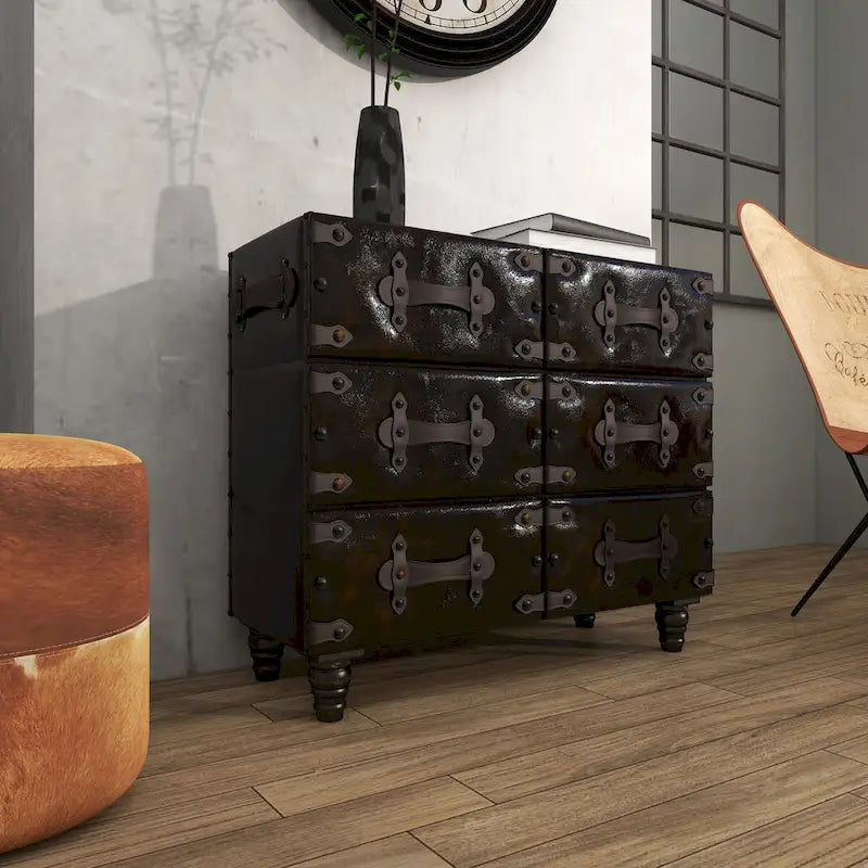 Commode de chambre vintage en bois et similicuir avec rivets et sangles