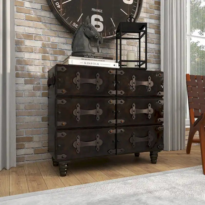 Commode de chambre vintage en bois et similicuir avec rivets et sangles