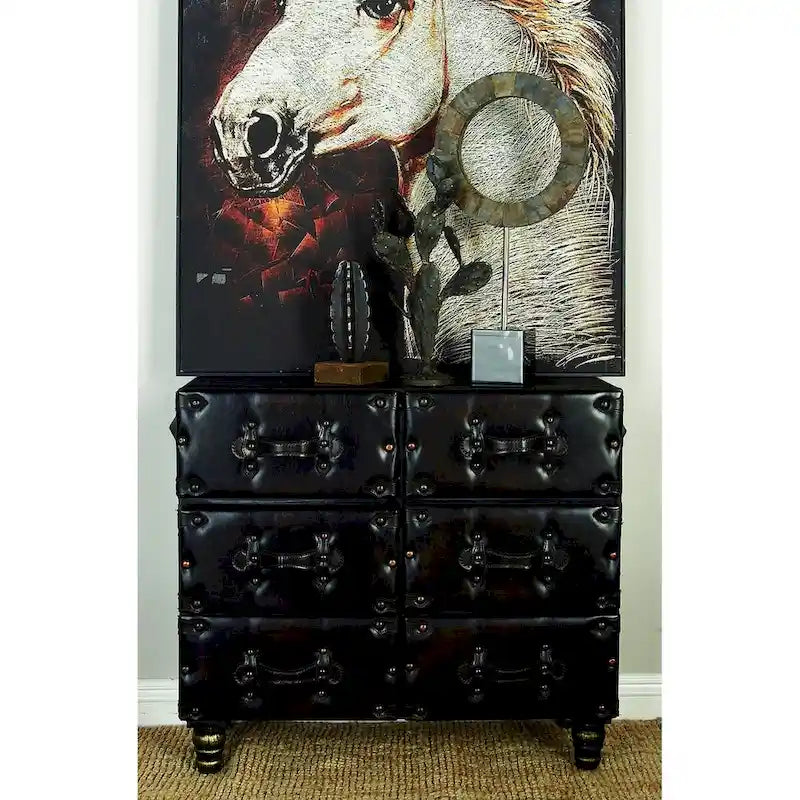 Commode de chambre vintage en bois et similicuir avec rivets et sangles