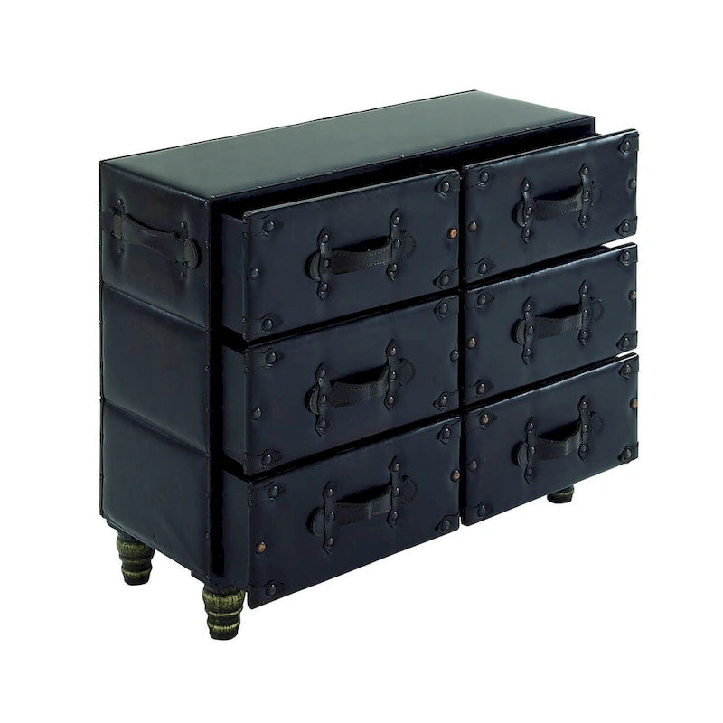 Commode de chambre vintage en bois et similicuir avec rivets et sangles