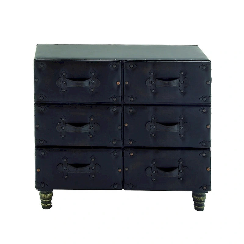 Commode de chambre vintage en bois et similicuir avec rivets et sangles