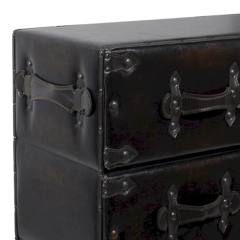 Commode de chambre vintage en bois et similicuir avec rivets et sangles