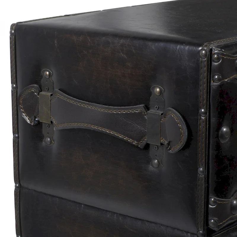Commode de chambre vintage en bois et similicuir avec rivets et sangles