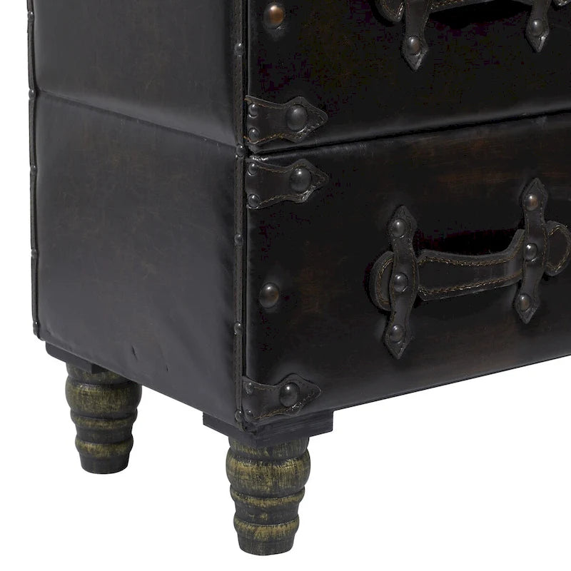 Commode de chambre vintage en bois et similicuir avec rivets et sangles