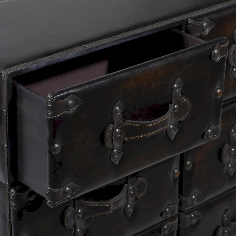 Commode de chambre vintage en bois et similicuir avec rivets et sangles