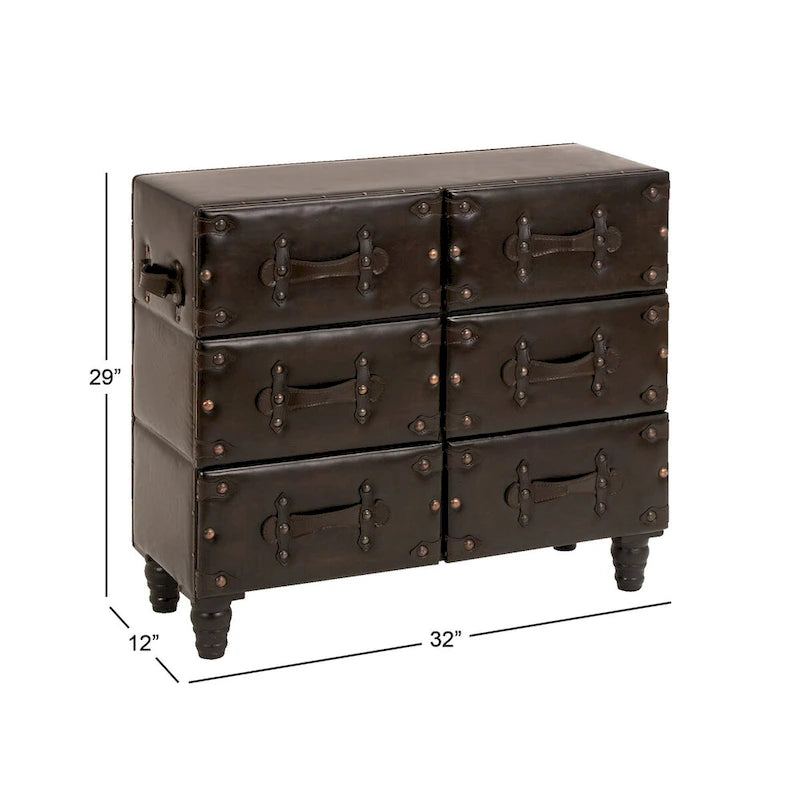 Commode de chambre vintage en bois et similicuir avec rivets et sangles