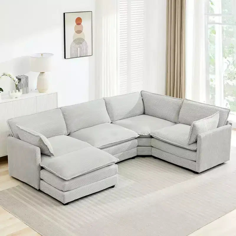 Canapé sectionnel modulaire moderne 5 places en velours côtelé, surdimensionné, 288 cm (L) x 201 cm (l), avec pouf, canapé en forme de U avec canapé d'angle, HYLEORY