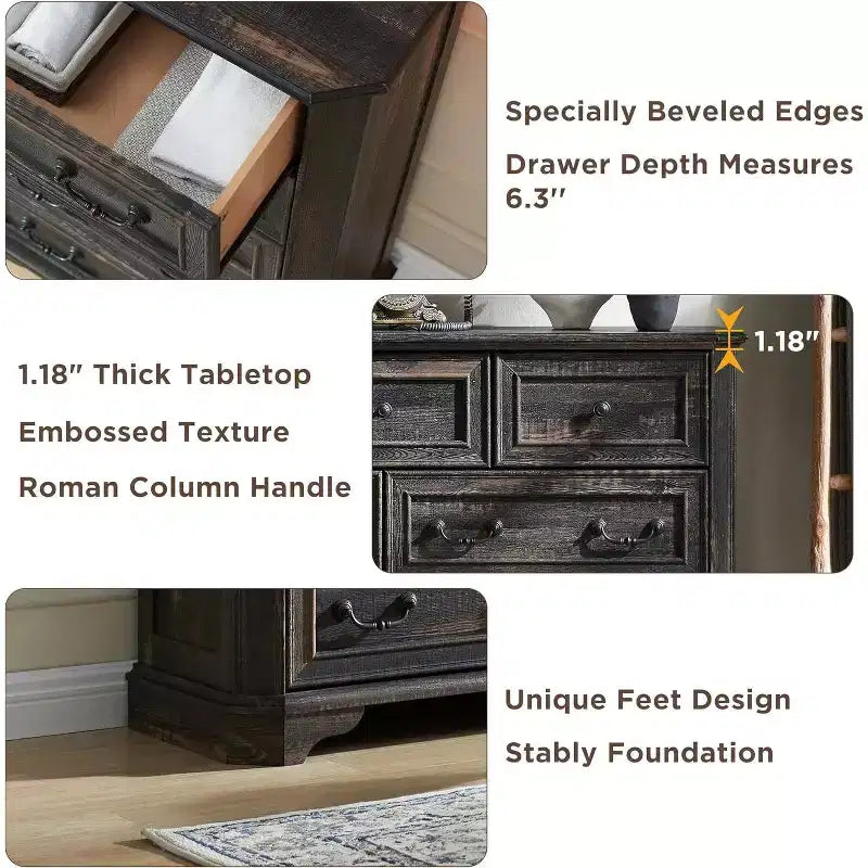 Commode à 7 tiroirs de 54 po pour chambre à coucher, coffre de rangement rustique vintage pour salon et couloir