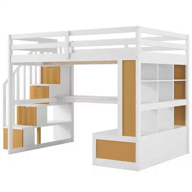 Lit mezzanine pleine grandeur avec escalier et bureau, cadre de lits mezzanine en bois avec tiroirs de rangement et étagères pour adultes, adolescents et enfants