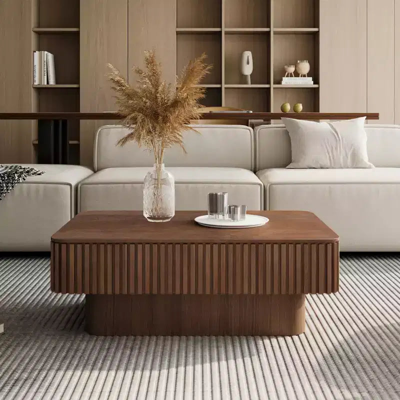 Table basse relevable cannelée JVNOXK 38,6 po avec rangement, table d'appoint moderne à hauteur réglable en placage de bois massif pour salon, chambre à coucher, noyer