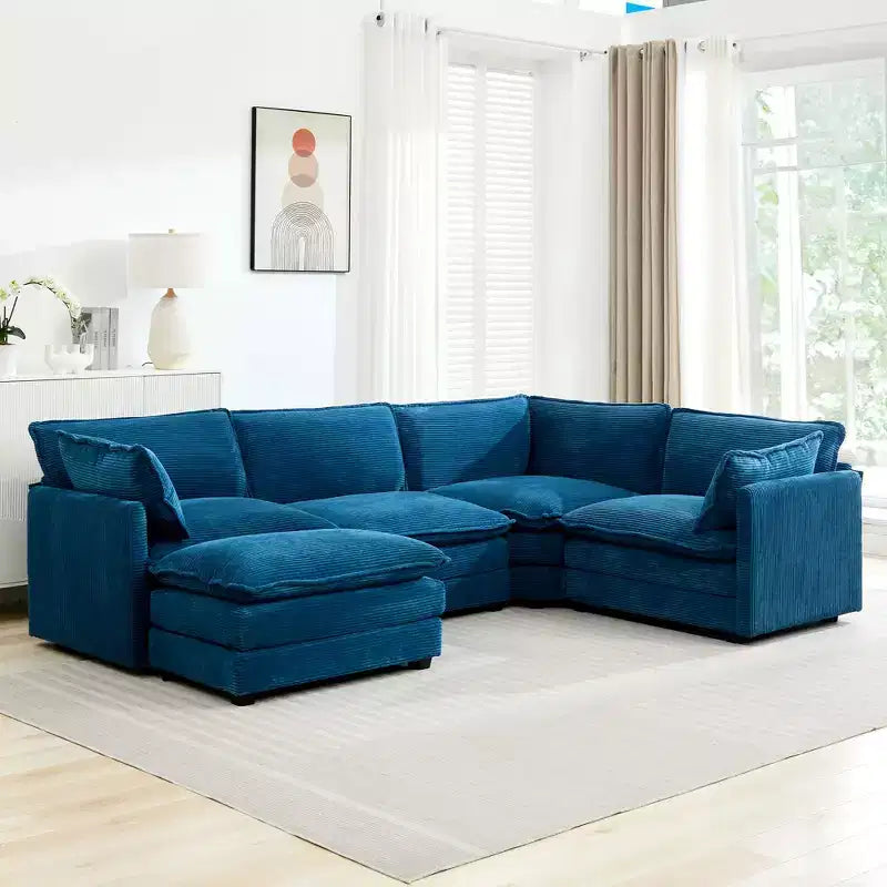 Canapé sectionnel modulaire moderne 5 places en velours côtelé, surdimensionné, 288 cm (L) x 201 cm (l), avec pouf, canapé en forme de U avec canapé d'angle, HYLEORY